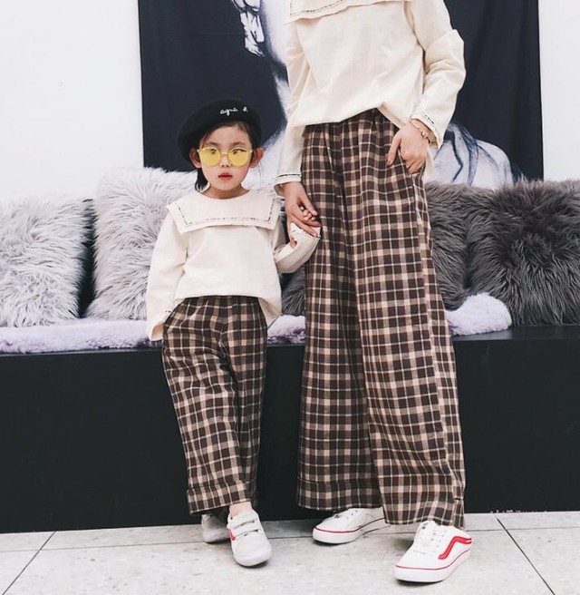 004親子服 パンツ ズボン ロングパンツ チェック柄 レディース 子供 秋 女の子 ママと娘お揃い テクノショップ