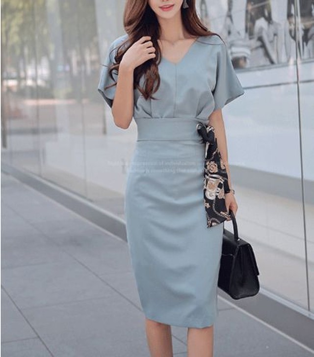 セットアップ 韓国 レディース 40代 スカート コーデ スーツ ニット 30代 フォーマル 上品 通勤 青 およばれ 半袖 無地 Vネックウエストマークおしゃれ きれいめ オフィス 大人 Dress No Sato