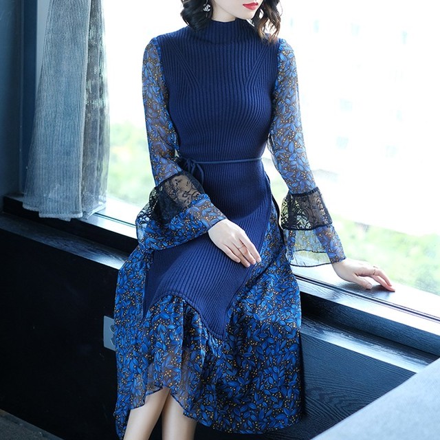 異素材ミックス ニットワンピ ニットワンピース ワンピース ハイネック 長袖 シフォン ベルスリーブ ミモレ丈 青 ブルー 30代 40代 50代 F015 Hollys Design