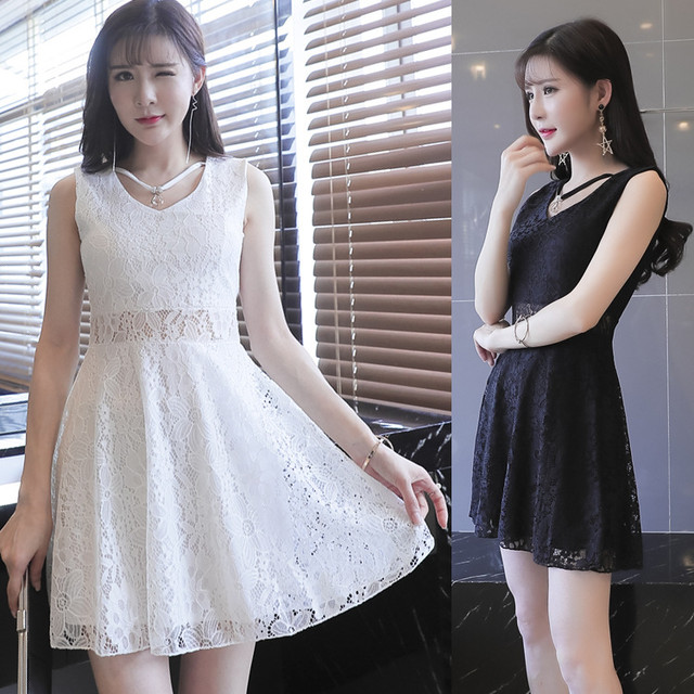 夏の新しいvネックの装飾的なネックレスセクシーなバックレスウエストaラインスカートノースリーブスリーブハイウエストレースドレス ハイウェスト サマー 夏物 新作 レディース 送料無料 Yygn レディース 韓国ファッション 直輸入通販 セクシーワンピース