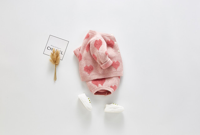 New冬 女の子 かわいい ハート ニット ロンパース ベビー服 2点セット Babyworld