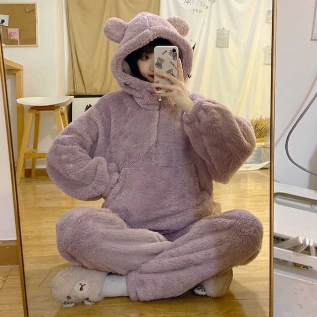 可愛いフード付き もこもこ パジャマ ルームウェア 部屋着 2点セット 可愛さ フェミニン ガーリー おしゃれ 秋冬 Ptnym3545 Shop Suba