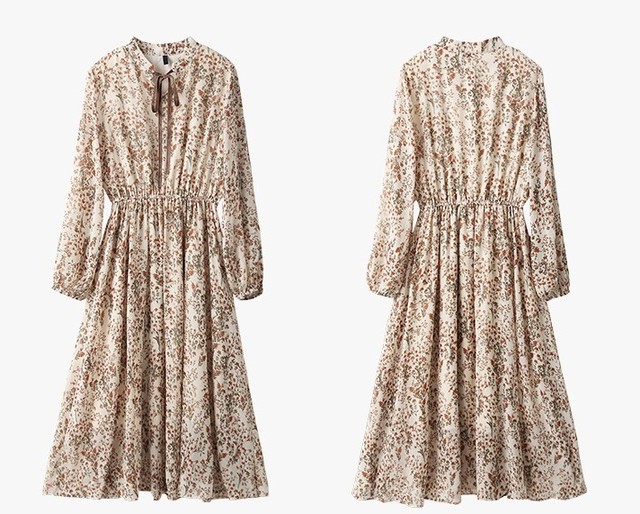 ワンピース シフォン 春ワンピ レディース ロング丈 花柄 レトロ リボン フェミニン ロリータ 長袖 Ab1584 Valentina210