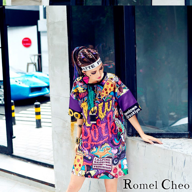 Romelcheo メルト プリント メッシュ Tシャツ ロング丈 ミニワンピース レディース 落書き 個性的 個性派 派手 ストリート系 原宿系 韓国 カジュアル ファッション ロメルチェオ Romelcheo