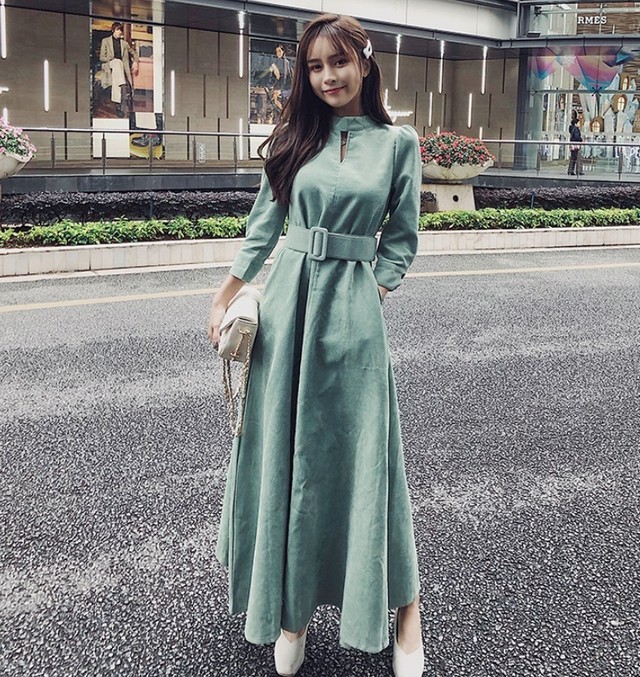 ワンピース ロング丈 ハイウエスト ベルト マキシ丈 大人可愛い 上品 パフスリーブ 10代 代 30代 デイリー デート ブルー エメラルドグリーン きれいめ 上品 華やか お呼ばれ 食事会 エレガント 旅行 パーティ Preirie East プレイリー イースト