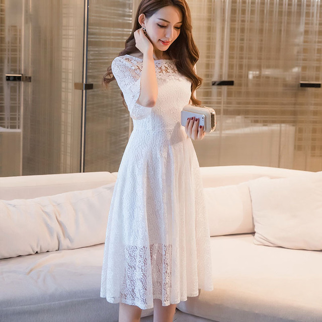 ドレス ひざ下丈 レース フレア 五分袖 大人可愛い セクシー ワンピース 白 黒 レディース 大きいサイズ 90 Sweet Dressy Girl