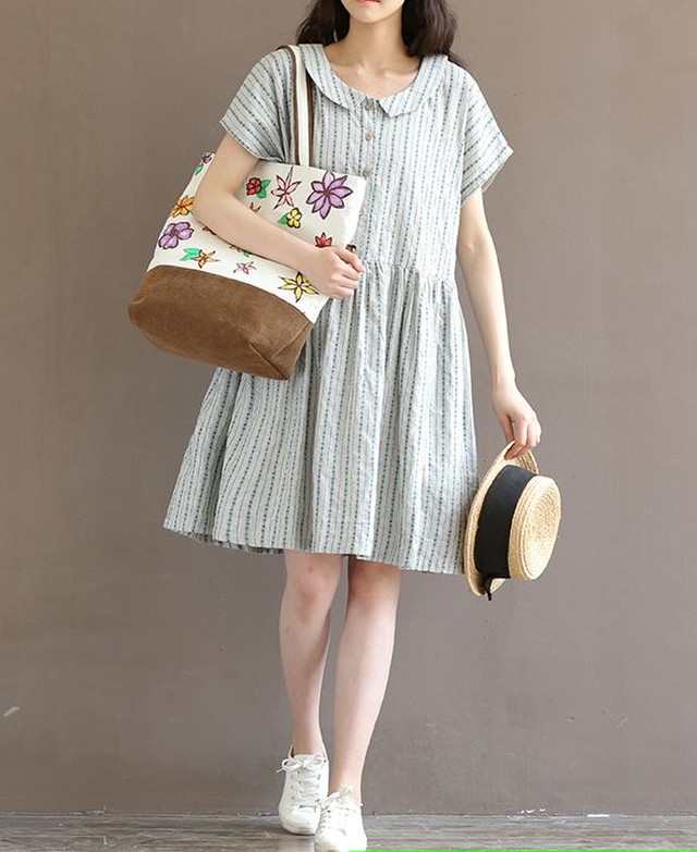 カントリー調 ゆったり ひざ丈 ワンピース 半袖 ストライプ柄 ガーリー 夏服 秋服 韓国 ファッション Happy And Active