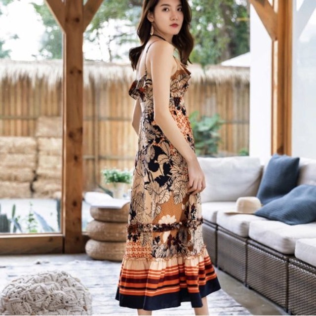 リゾートワンピース 夏 マキシ 花柄 ロング ヴィンテージ ワンピース マキシ丈 リゾートマキシワンピース フリル リゾートワンピース 夏 マキシ 花柄 ロング ヴィンテージ ワンピース マキシ丈 Leaflower 001 リーフラワー レディースファッション専門店