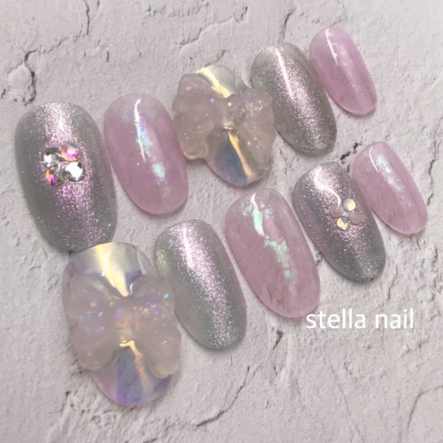 ネイルチップ オーロラネイル リボンネイル ブライダルネイル 成人式ネイル マグネットネイル ネイルチップ Stella Nail