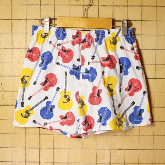 ギター プリント ショートパンツ カラフル ショーツ メンズm ホワイト 白 短パン アメリカ古着 ss174 古着屋ataco Garage