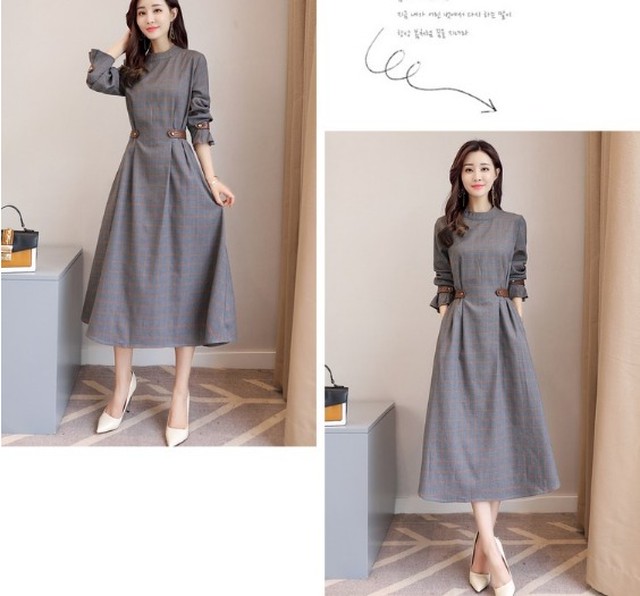 ワンピース ロング丈 チェック柄 ａライン 長袖 上品 きれいめ 春 秋 グレー レディース 大きいサイズ 2249 Sweet Girl Fashion