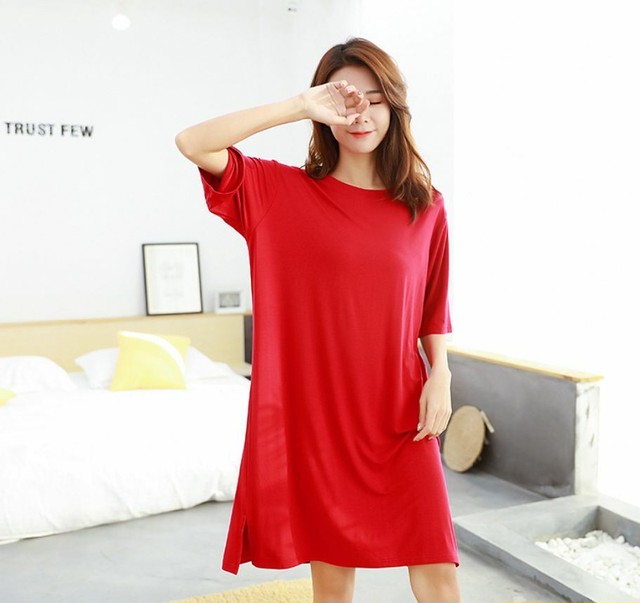 シンプルなワンピースパジャマ 7color 半袖 無地 膝丈 スリット ゆったり 楽ちん マタニティパジャマ 産前 産後 コットン レディース ワンピース 大きいサイズ Mamafuku