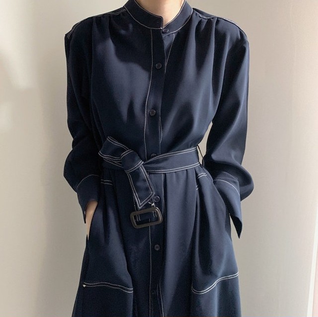 スタンドカラー ステッチ デザイン ワンピース Rs 2471 ロングワンピース シャツワンピース 長袖 バンドカラー フロントボタン ウエストマーク Aライン アウター 羽織 ルーズ ラフ おしゃれ かわいい 大人可愛い 大人カジュアル レトロ シック フェミニン 上品 モード