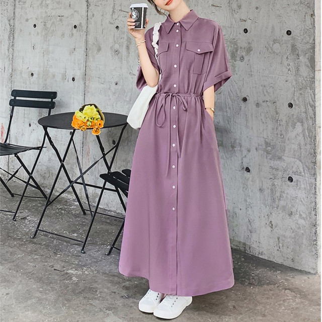 ウエストマーク ワンピース ロング シャツワンピース レディース マキシ丈 前開き 5分袖 半袖 リボン オーバーサイズ 春 夏 きれいめ 上品 大人 通勤 オフィス Af4797 Raxia ラクシア