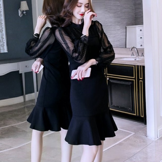 袖シースルー ワンピース レディース タイトワンピース 長袖 フリル 膝丈 マーメイドライン お呼ばれ パーティー 黒 冬 新作 A Otb Closet