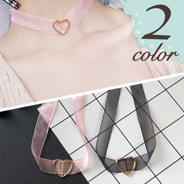 ハート チャーム シフォンリボン チョーカー ネックレス シアー ペールカラー レディース ゆめかわいい 学生 韓国 原宿 透け感 今コレ 夏 Hummingf