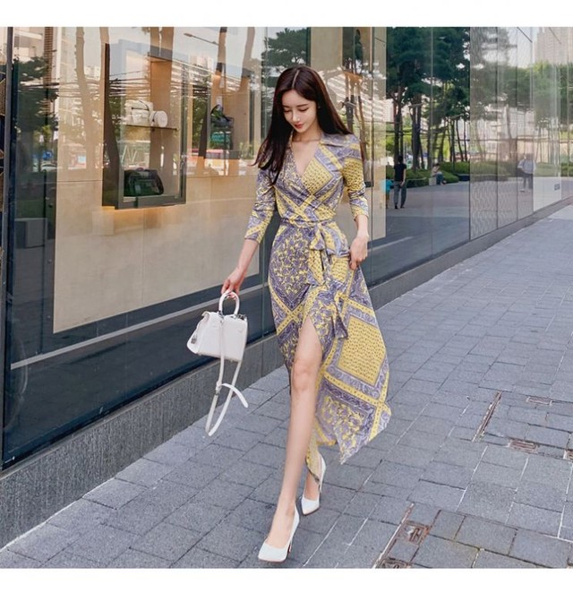 秋冬 襟付き深いvネック 7分袖 ロング丈 エレガントセクシー ロングスリット 巻きワンピース Mahalore To All Ladies