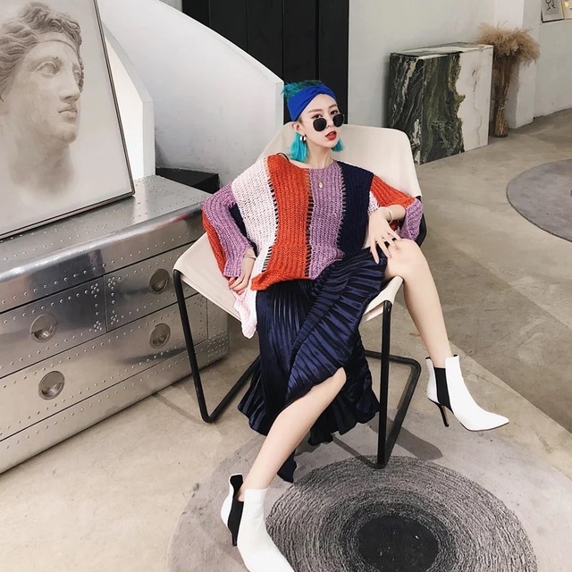 【即納】thick stripe color knit