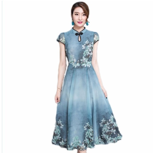 レディース ワンピース 春夏 チャイナドレス ワンピース マキシ レディース 半袖 チャイナ風 ロング ワンピ ロングワンピース 春夏 夏 花 Basecamp49