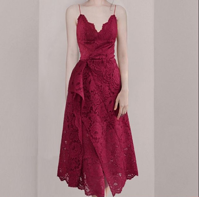 パーティドレス ワンピース きれいめ レディース 30代 結婚式 韓国 代 30代 50代 赤 無地 ノースリーブ Vネック マキシ丈 ロング丈 およばれ 二次会 レース パーティドレス Dress No Sato