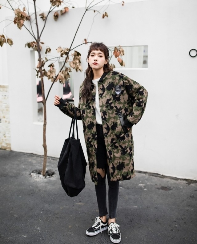 カモフラ柄 ロング スタジャン ウールタッチ Puレザー シンプル カジュアル 可愛い おしゃれ メンズライク 秋冬 ぐるぐる