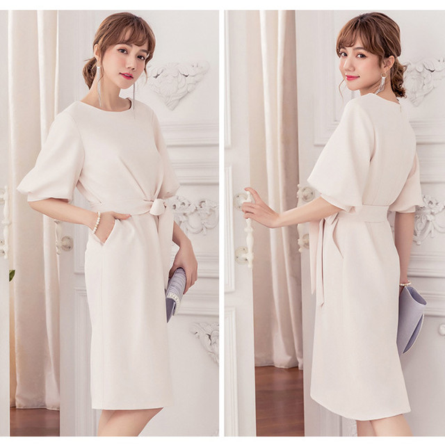 即日配送 送料無料 ふんわりリボンワンピースドレス パーティードレス ドレス ワンピース ミディアムドレス ふんわり 体型カバー 着痩せ リボン 袖有り 膝丈 結婚式 二次会 披露宴 謝恩会 パーティ パーティー ブライダル 通勤 入学 卒業 オフィス レディース 代 30代