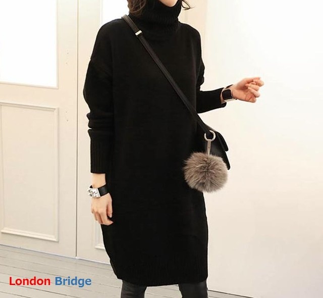 冬新作 タートル ワンピース レディース ニット ニットワンピ ゆるライン 体型カバー 膝丈 ミディアム丈 おしゃれ 可愛い ブラック 秋冬 17秋冬新作 フリー 送料無料 韓国レディース キッズファッション Londonbridge ロンドンブリッジ