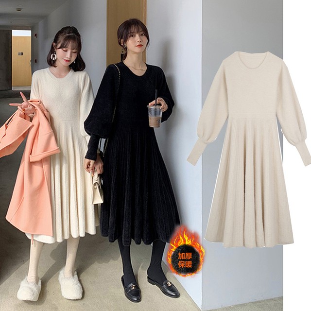 ボリューム袖 ニットワンピース 膝下丈 マタニティ 大きいサイズ ホワイト ブラック 10代 代 30代 40代 フェミニン 可愛い Y0384 Sunny Place
