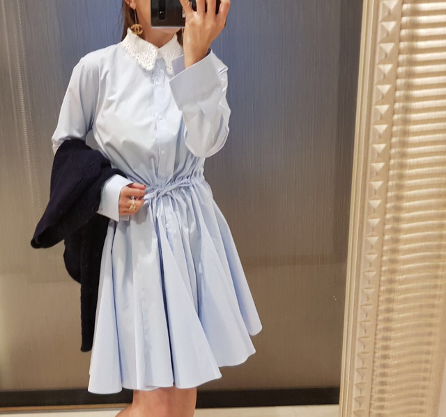 即納 Been フレアレース襟ワンピース ブルー ブルーワンピース レースワンピース レース襟 学園 通勤 通勤ワンピース 春 新作 Lyshop