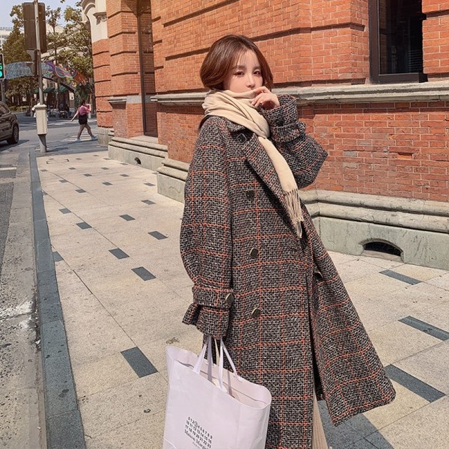 チェック コート レディース 冬コート チェスターコート かわいい 韓国 ファッション レディース ロングコート ウエストマーク コート オフィスカジュアル ダブルボタン ゆったり チェック柄 オーバーサイズ オルチャン ファッション 冬 アウター レディース Vestito