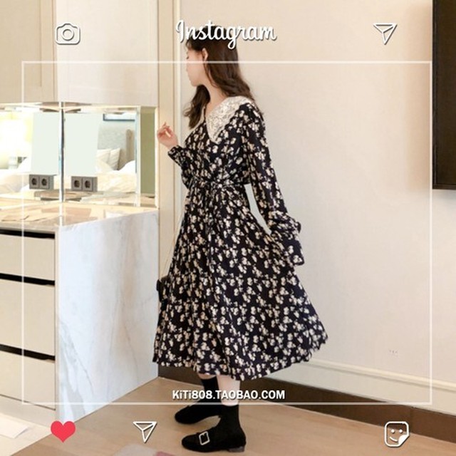 フレアワンピース 花柄 デカ襟 ハイウエスト Aライン フェミニン 大人かわいい 長袖 シフォン Vネック ワンピ ワンピース専門店