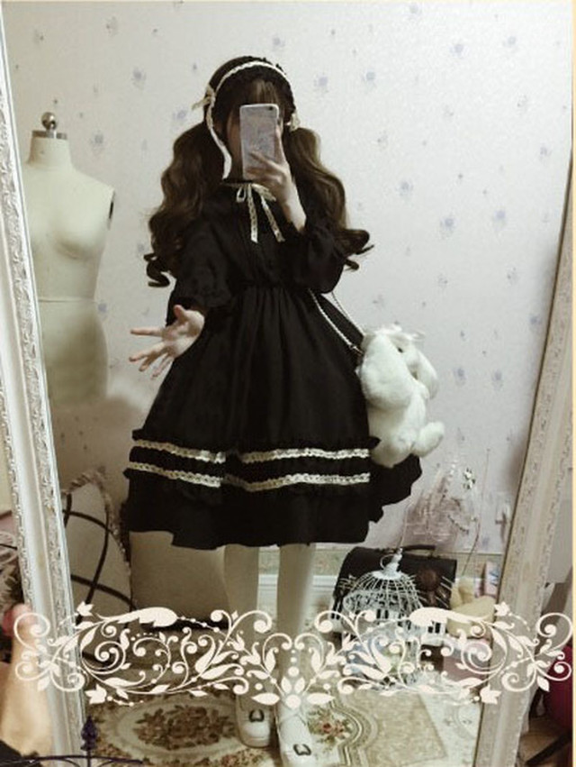 送料無料 フリル リボン レディース ワンピース 長袖 膝丈 ゴシック ロリータ ゴスロリ コスプレ Sunrise0911