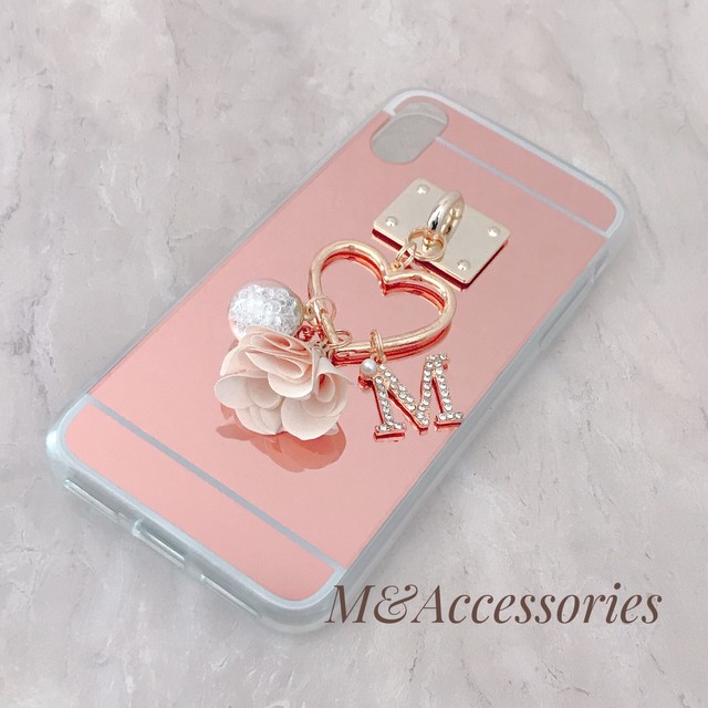 C12 Iphoneケース ミラーケース ピンクゴールド フラワー イニシャルチャーム M Accessories