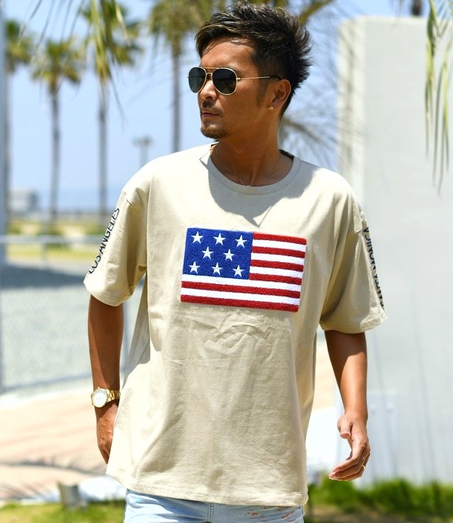 21 夏 人気 星条旗 サガラ 刺繍 ビッグ Tシャツ メンズ レディース ペア カップル サーフ Surf アメリカ国旗 トレンド リゾート 海 ビーチ 西海岸 ファッション Old Rookie