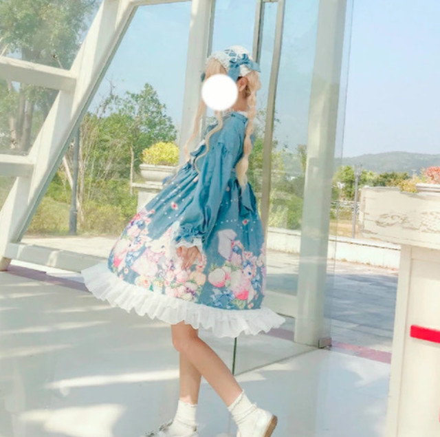 Top Mode ワンピース 春ワンピ ラビット フルーツ ワンピース うさぎ柄 フルーツ柄 リボン 長袖 膝丈 パステルカラー 甘ロリ メルヘン 大人可愛い ゆめかわ ガーリー ロリータ レトロ ラフ ゆったり お呼ばれ ピンク パープル 紫 ブルー 青 グリーン 緑 ニッチ Bitter