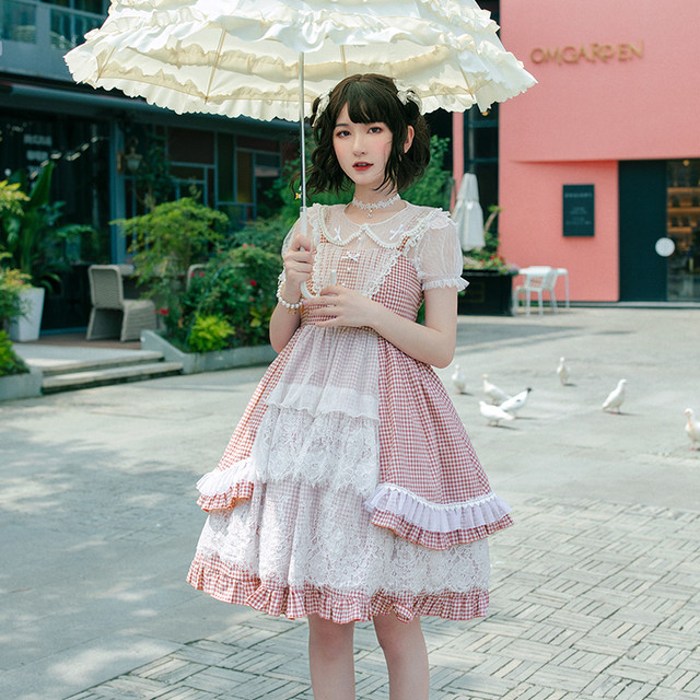 Lolita Op Dress ロリータドレス レース チェク柄 半袖 ワンピース オリジナル 甘ロリ ロリィタ お茶会 撮影 Cosplay イベント 春 夏 秋 冬 ロリ S M L ピンク Mintcat