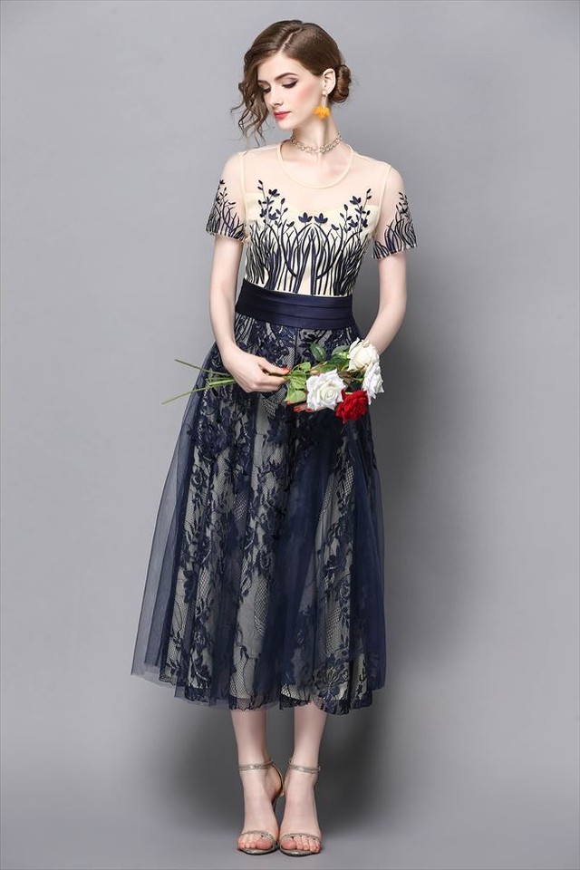 国内即納 即日配送 パーティードレス 花柄 刺繍 レース 半袖 ネイビー ワンピース ワンピ フォーマル ミニドレス ミニ カラードレス セレモニー セクシー 代 30代 イブニング お呼ばれ ナイト 結婚式 ゲストドレス Aライン Laドレス タイト レディース D216