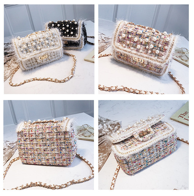 全5色 ツイード パール付ミニバッグ チェーンストラップ パーティバッグ ナナメ掛け ポシェット フワフワ かわいい キュート エレガント 秋冬 女子会 おでかけ ショッピング Virtue