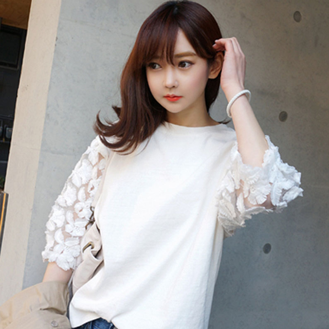 大人気 レース袖切り替えトップス トップス カットソー レディース シャツ Tシャツ レース ボリューム袖 ラグランスリーブ 七分袖 五分袖 花 フラワーモチーフ シースルー かわいい シンプル 春 夏 代 30代 送料無料 韓国レディース キッズファッション