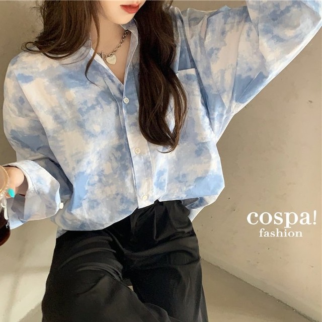 シャツ レディース ブラウス タイダイ風 ムラ染め風 長袖 シャツジャケット ジーンズ 韓国風 体型カバー Cospa Fashion