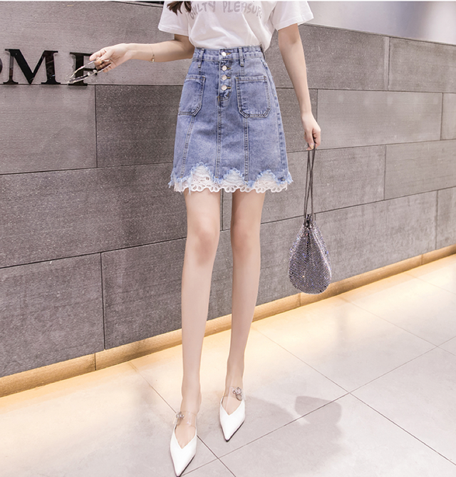デニムスカート レース デニム 裾レース ミニスカート ハイウエスト フロントボタン 膝上丈 Aライン エレガント ウッディーベース1号店