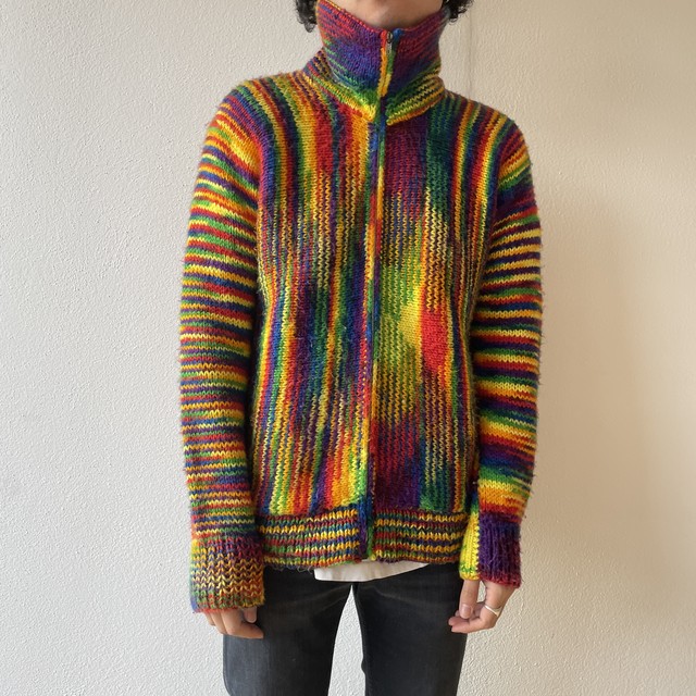 Home Made Psychedelic Pow Pow Knit サイケデリック ニット ヴィンテージニット カラフル ヴィンテージ ジップアップ 古着 サイケ ヒッピー No Sign