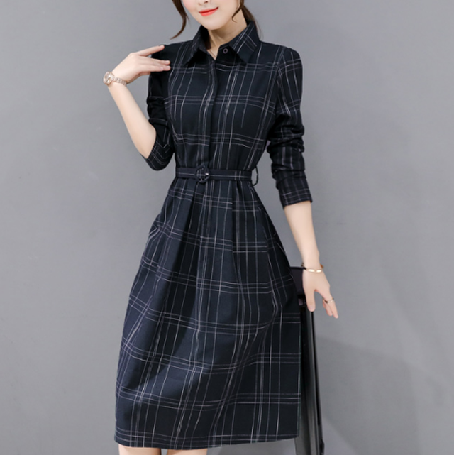 Xl ネイビー チェック柄ワンピース Aラインワンピース レディース きれいめ おしゃれ 膝下丈 ワンピース オールシーズン 綿 長袖 チェック 格子柄 清楚 Beybery