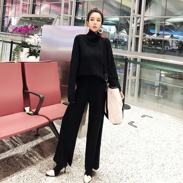 878 リラックスした休日のお出かけコーデにピッタリな人気のニットアップ ブラック 海外のプチプラきれいめカジュアルレディースファッション Pakaian Lucu 海外のプチプラきれいめカジュアルレディースファッション Pakaian Lucu