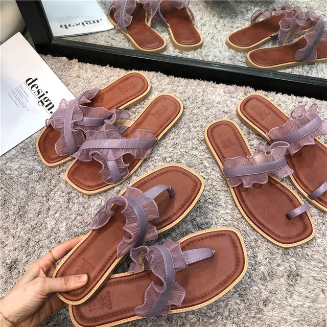 フリル サンダル スリッパ おしゃれ 夏 人気 エレガント 3色 Nikkihouse