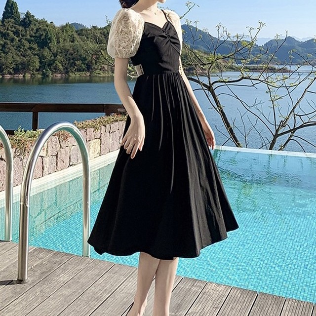 No 508 レディース ワンピース 異素材 切り替え レース ドレープ 上品 フェミニン おしゃれ 韓国ファッション 韓国のプチプラレディース 子供服ショップ Sourire