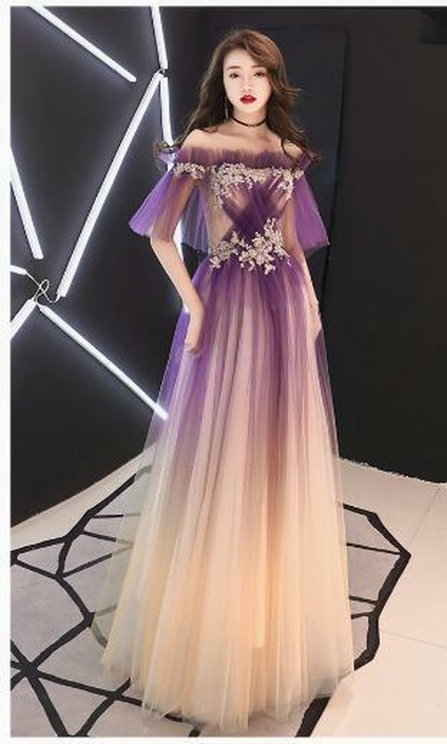 カラードレス パープル 紫 ソフトチュール オフショル 美品 イブニングドレス Ynswedding23