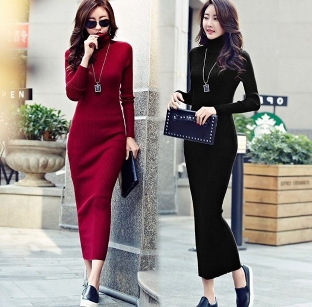 2色 タートルネック 薄手ニット ロング タイト ワンピース マキシ 大人 エレガント 秋冬 I 044 Rianjoule ドレス 女子会ファッション トレンド セレクトショップ