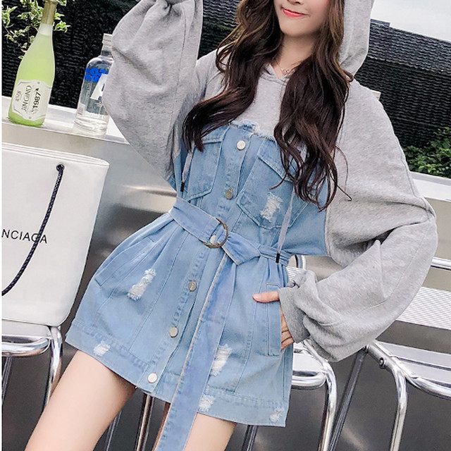 デニムワンピース パーカー ミニ チュニック フード付き オーバーサイズ 長袖 レディース 異素材 ベルト スウェット トレーナー ワンピ ゆったり 代 30代 まるの樹 Fashion