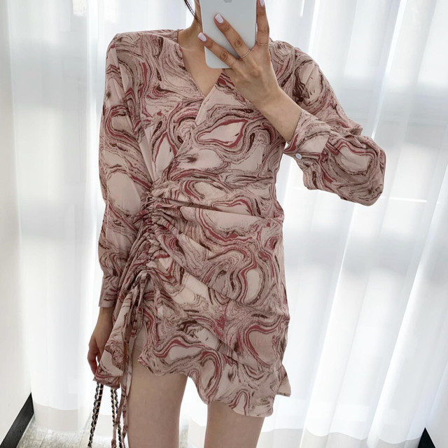 マーブル模様 カシュクールワンピース ミニ丈 長袖 大人かわいい 大人カジュアル フェミニン 休日コーデ 春夏秋 レトロ Op0568 Natuliria ナチュリリア